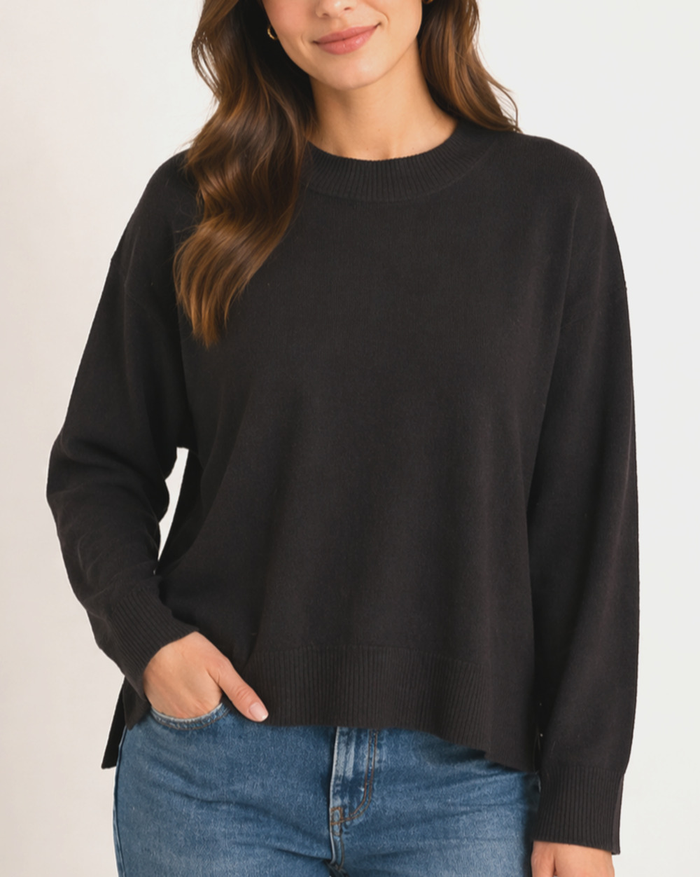 Lucky Brand Sweater Womens Small Black Crew Neck Long Sleeve Stretch Knit Casual